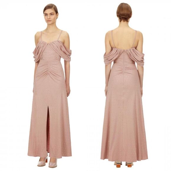 Rare Self Portrait Diamanté Crepe Beige Off Shoulder Draped Ruched Dress Size 6